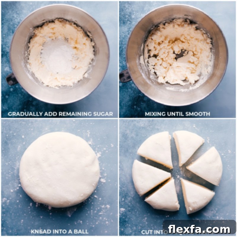 Detailed process shots: adding powdered sugar, mixing until smooth, gently kneading the dough into a ball, and then cutting it into small, manageable wedges for rolling.