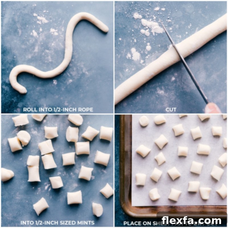 Final process shots showing the butter mint dough rolled into long ropes, cut into uniform 1/2-inch chunks, and then arranged on a parchment-lined sheet pan, ready to dry.