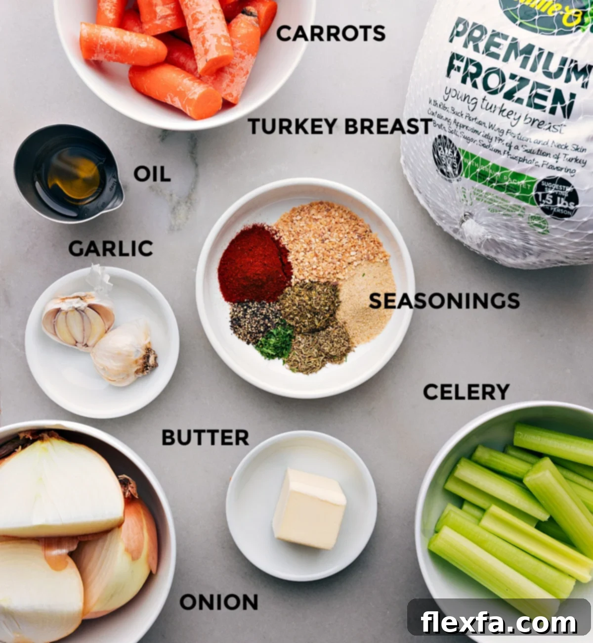Ingredients for Crockpot Turkey Breast Recipe: Butter, Onions, Seasonings, Carrots, and More Ingredients for this recipe, including butter, onions, various seasonings, carrots, and additional items.