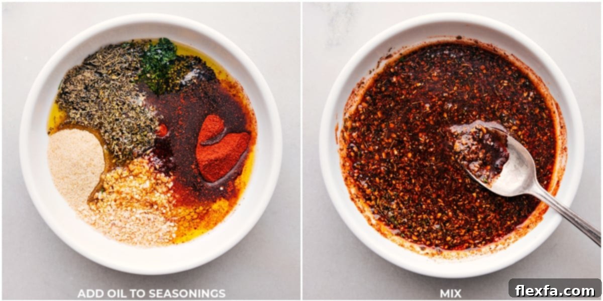 Mixing Seasonings with Oil in a Bowl for a Recipe Seasonings being added to oil in a bowl, mixed together for the recipe.