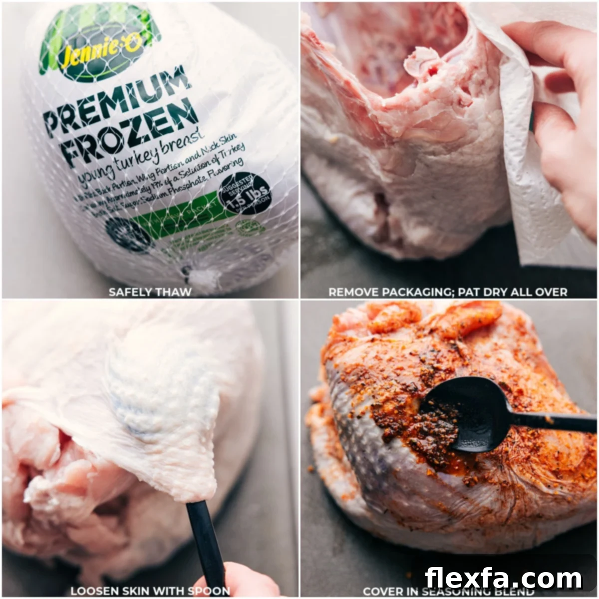 Preparing Turkey: Thawing, Patting Dry, Loosening Skin, and Seasoning Thawed turkey being removed from packaging, patted dry, with skin loosened and covered in a seasoning blend.