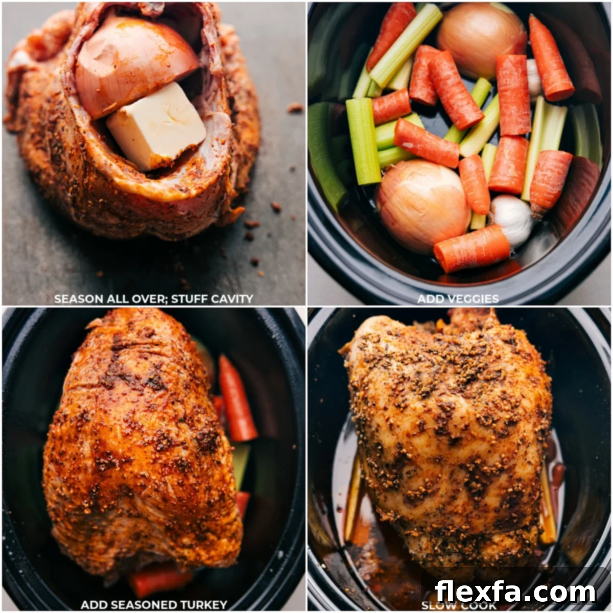 Seasoning and Stuffing Turkey, Adding Veggies to Crockpot, and Slow Cooking Seasoning the turkey all over, stuffing the cavity, adding vegetables to a crockpot, and placing the turkey on top for slow cooking the delicious turkey breast in crockpot.