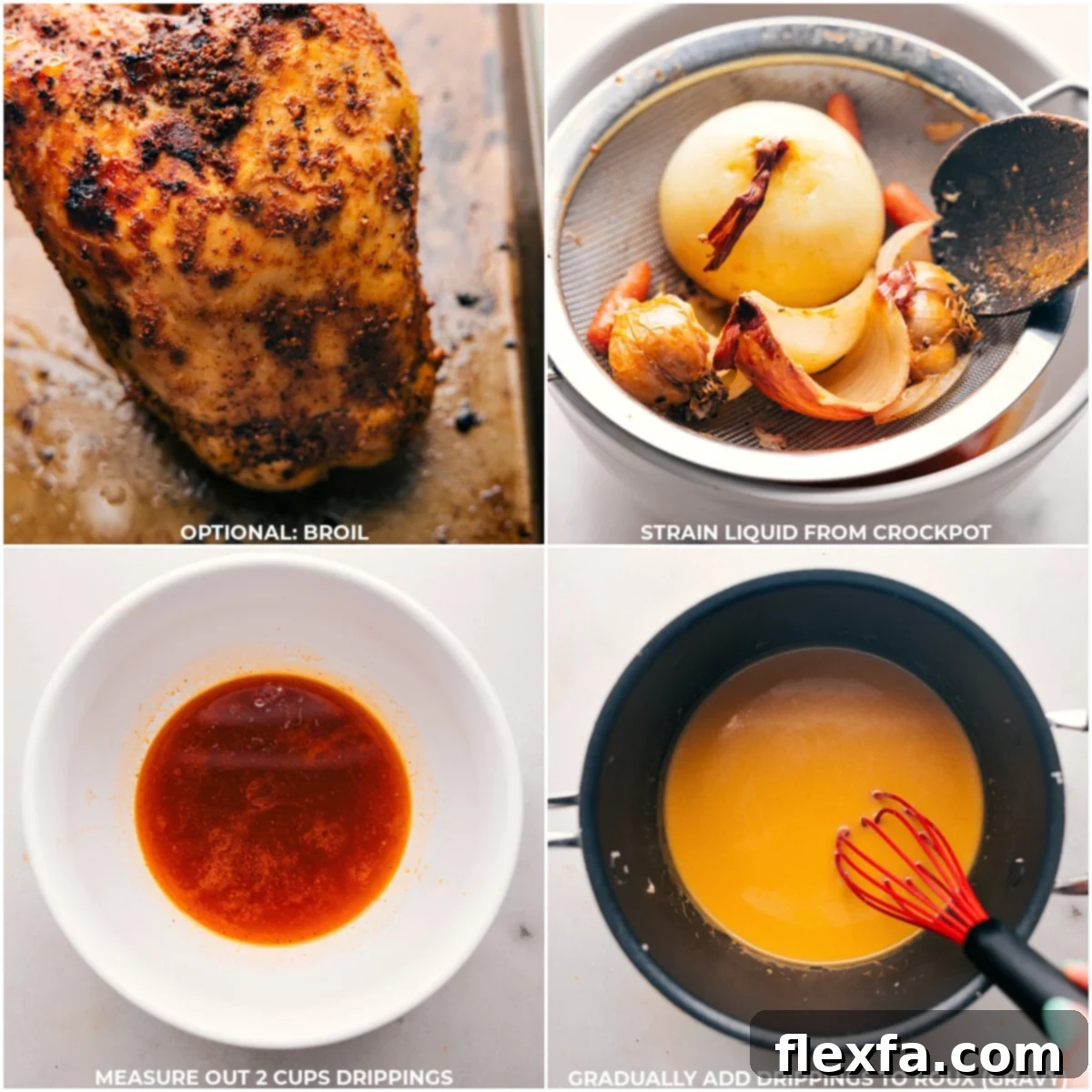 Broiling Turkey and Making Gravy from Crockpot Liquid and Drippings Removing turkey from the crockpot to broil in the oven, straining liquid from the crockpot, and combining with drippings to make gravy.