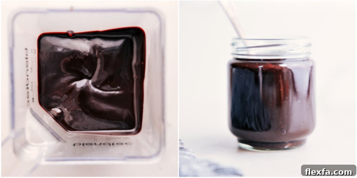 After blending for extra smoothness, transfer the homemade hot fudge sauce into a mason jar for convenient storage and serving.