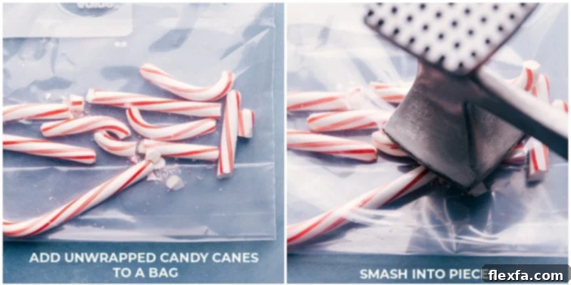 Process images showing how to crush peppermint candy canes by placing them in a double plastic bag and smashing with a rolling pin.