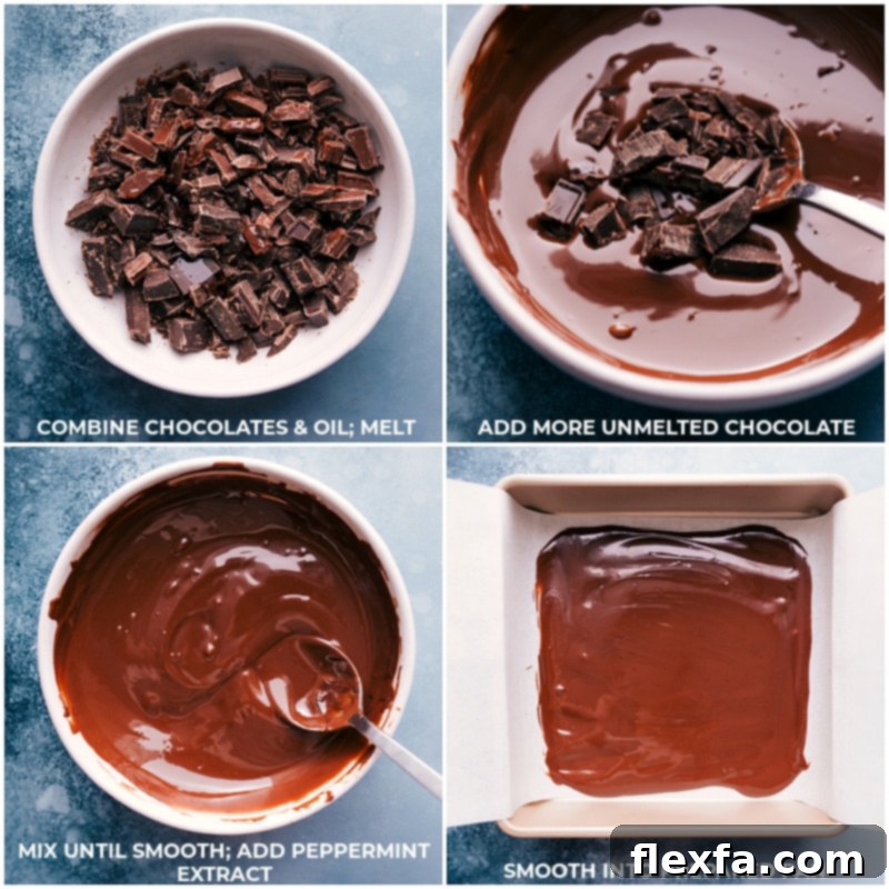 Process image of melted dark chocolate being poured into a parchment-lined baking pan, spread evenly with a spatula.