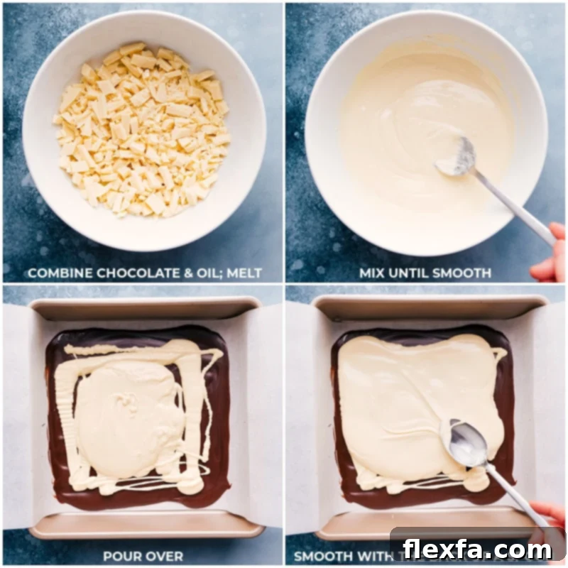 Process image of melted white chocolate being poured over a dark chocolate base layer in a baking pan, ready to be spread.