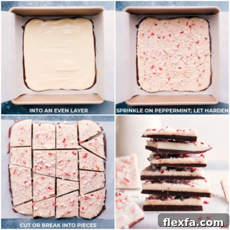 Process image of crushed peppermint candy canes being generously sprinkled over the top white chocolate layer of peppermint bark in a baking pan.