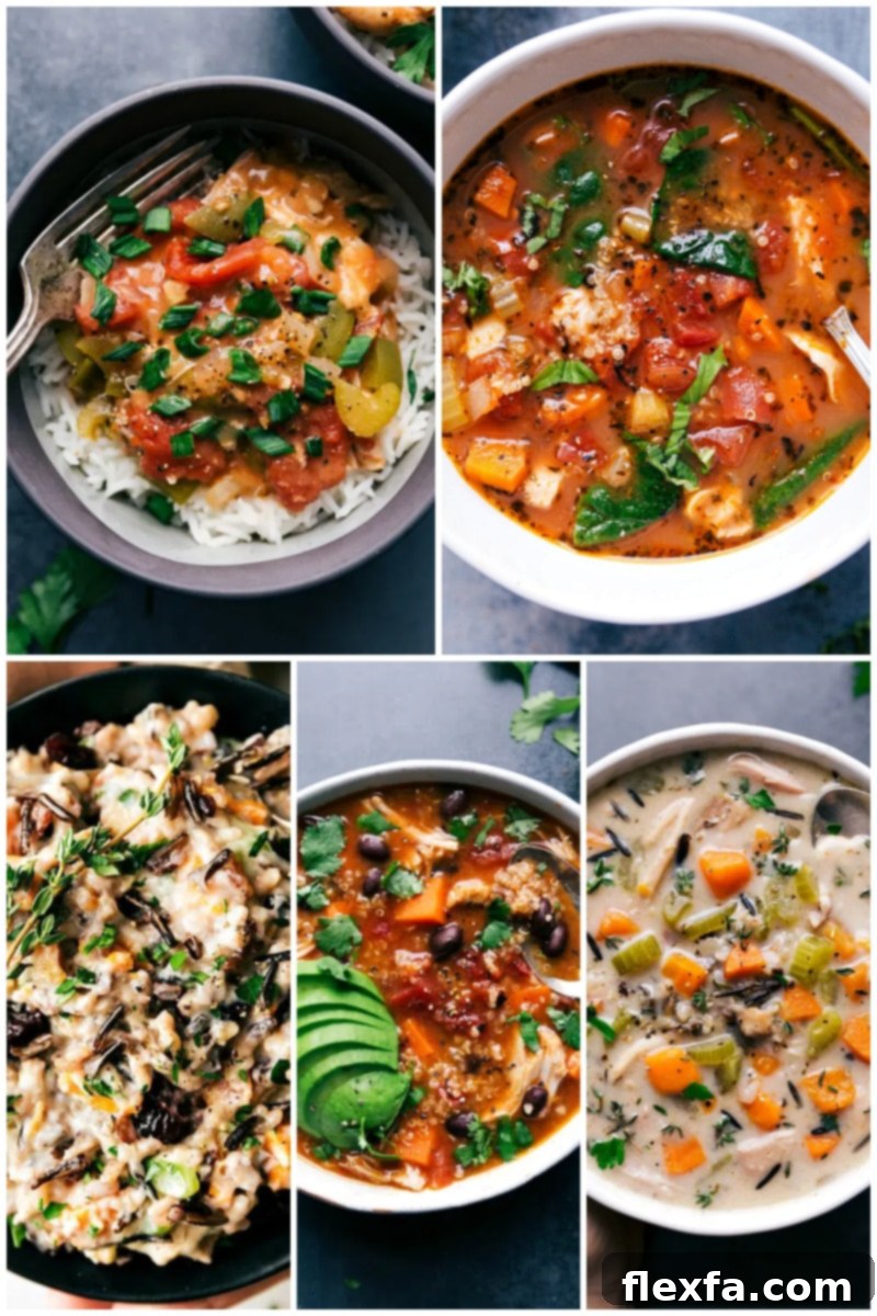 Discover a collection of convenient slow cooker chicken recipes, perfect for busy evenings. Enjoy flavorful chicken meals like Cajun chicken, chicken quinoa soup, and creamy chicken and wild rice casserole. A collage featuring various easy slow cooker chicken recipes, including soups, casseroles, and stews.