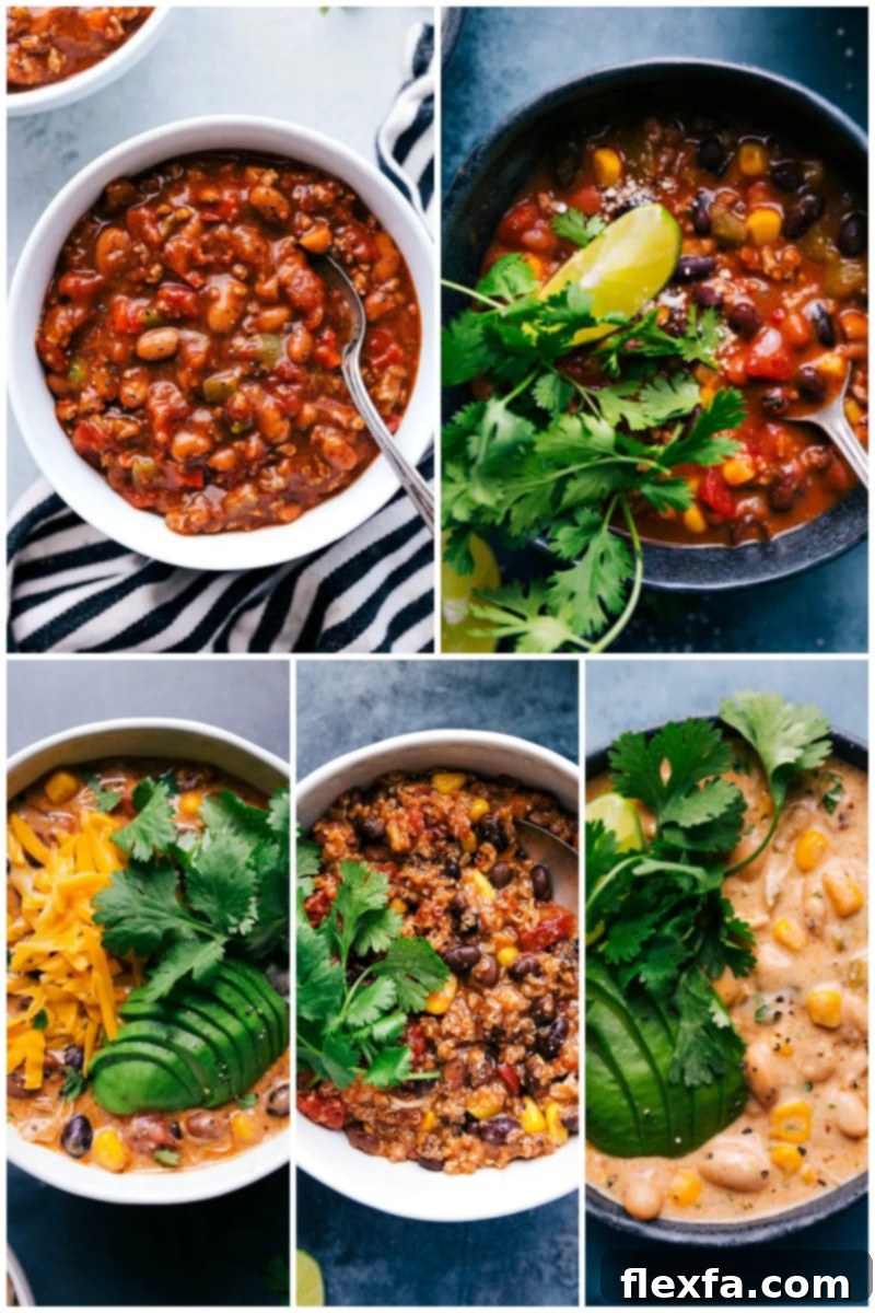 Explore a variety of easy and delicious slow cooker chili recipes, from traditional beef chili to spicy white chicken chili and healthy quinoa chili, perfect for a cozy meal. A collage featuring diverse slow cooker chili recipes, including classic beef, chicken, and quinoa chili.