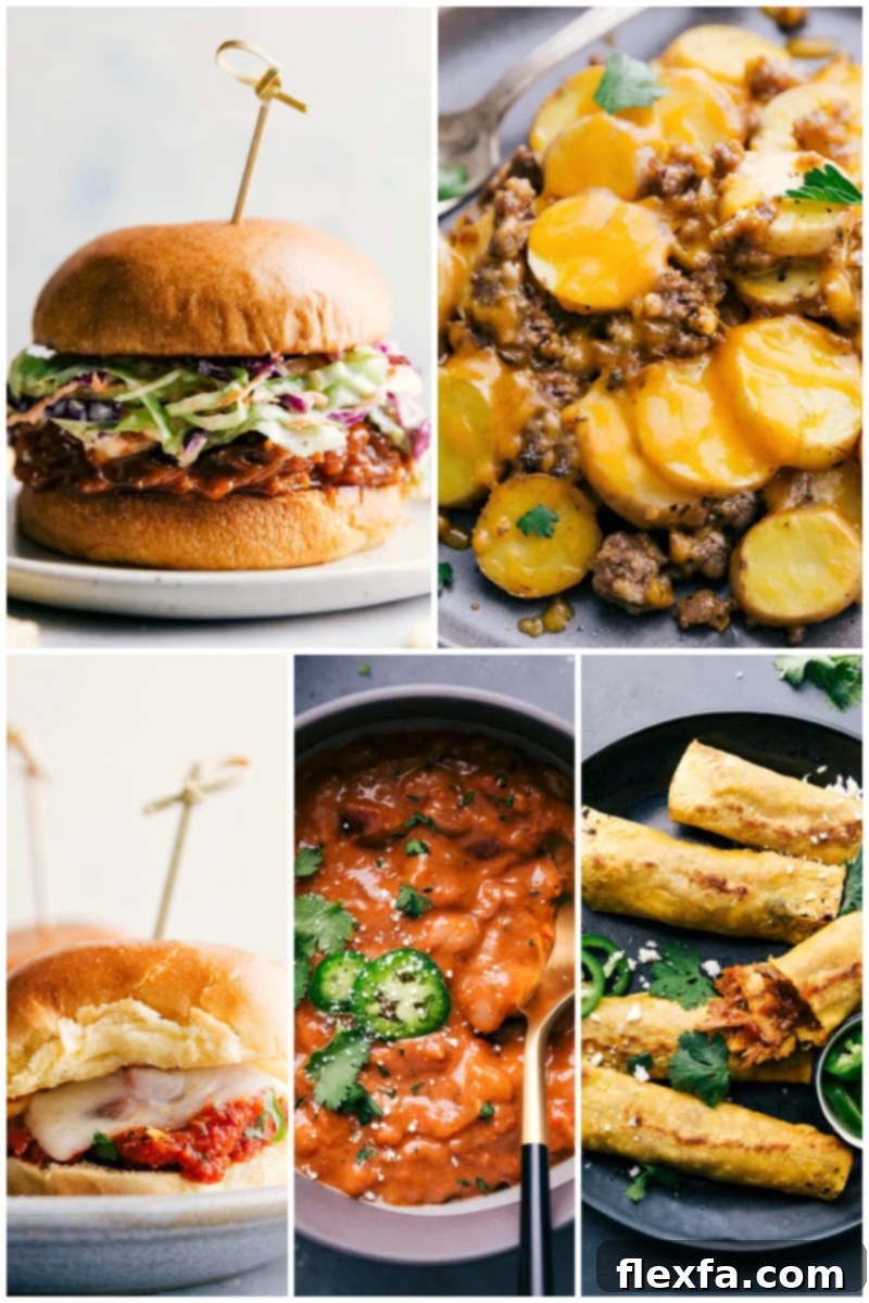 Discover incredibly easy slow cooker recipes perfect for quick weeknight dinners, including BBQ pulled pork, cheesy potatoes, meatball sliders, and flavorful pork taquitos. A collage of various easy crockpot recipes, including pulled pork, cheesy potatoes, and meatball sliders.