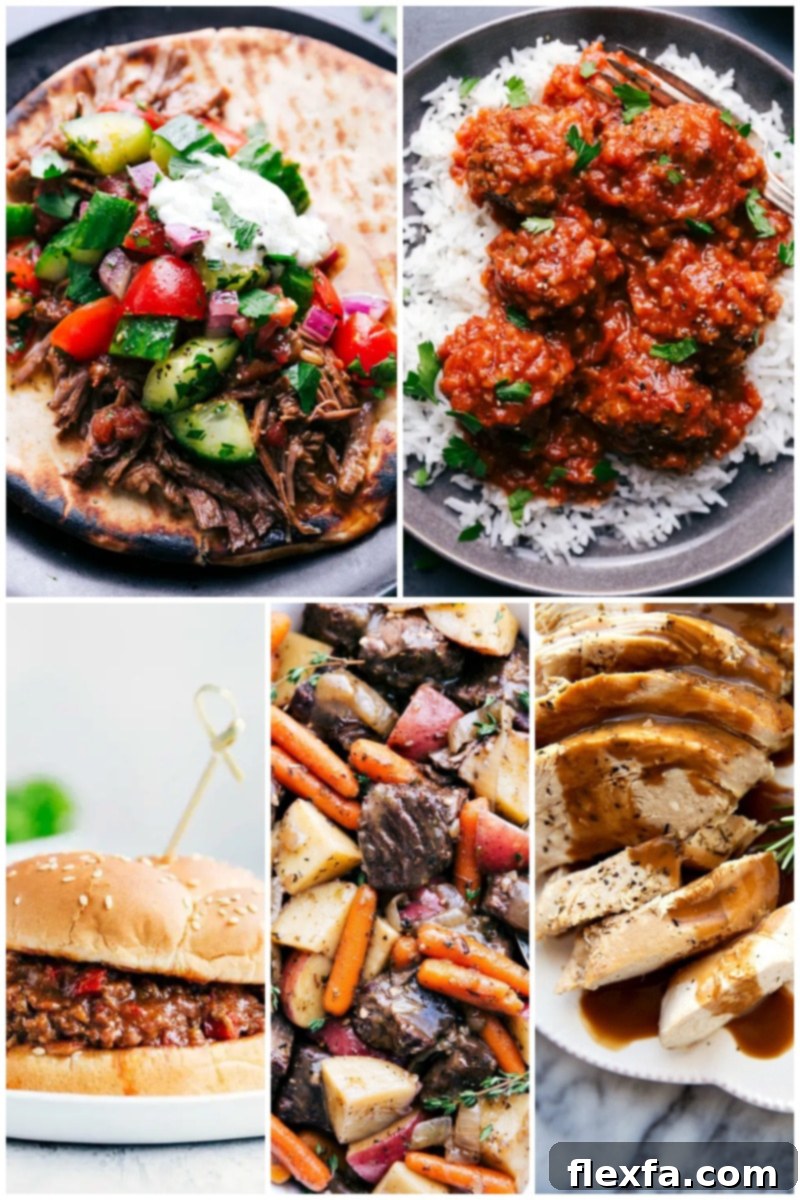 Find your next favorite family dinner with these easy slow cooker recipes, from flavorful beef gyros and classic sloppy joes to tender pot roast and juicy turkey breast. A collage of delicious 'dump and go' slow cooker dinner recipes, including beef gyros, sloppy joes, and pot roast.