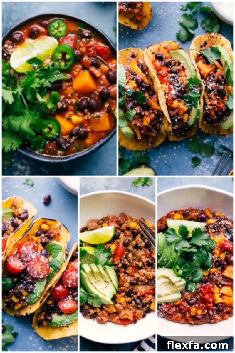 Explore wholesome slow cooker quinoa recipes, including butternut squash chili, chicken fajita quinoa, and flavorful quinoa tacos, perfect for healthy and easy weeknight meals. A collage featuring healthy and easy quinoa 'dump and go' slow cooker recipes.