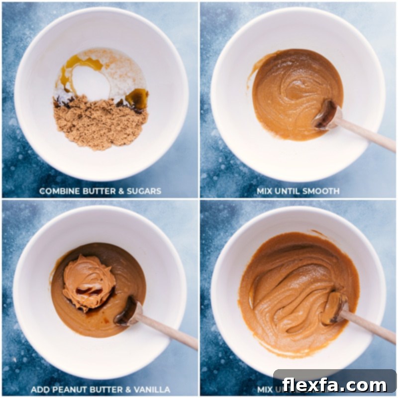 Simple mixing process for Peanut Butter Chocolate Chip Cookies, ensuring perfect texture and flavor in every bite. Process shots showing butter, sugars, peanut butter, and vanilla being mixed together in a bowl for the cookies