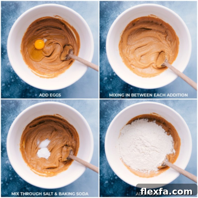 Key ingredients like eggs, baking soda, and flour being mixed for thick, soft, and chewy Peanut Butter Chocolate Chip Cookies. Process shots of eggs, salt, baking soda, and flour being added and mixed into the peanut butter cookie dough