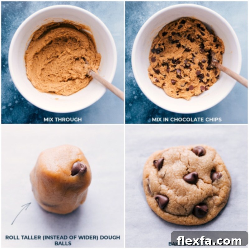 Making Peanut Butter Chocolate Chip Cookies: folding in chocolate chips and preparing dough balls for baking. Process shots of chocolate chips being folded into the dough and cookie dough balls being rolled and placed on a baking sheet