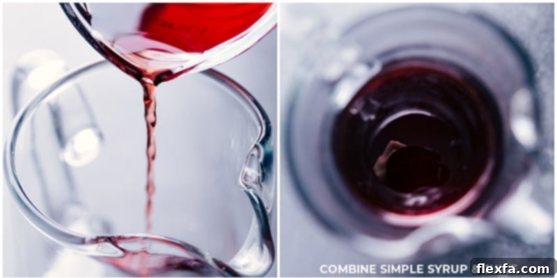 Pomegranate juice and simple syrup being combined in a pitcher for sparkling pomegranate juice.