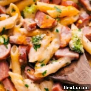 A top-down view of the finished One-Pan Cheesy Sausage Pasta, rich and creamy, ready to serve.