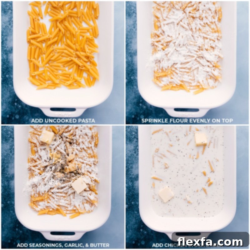 Process shots showing uncooked pasta, flour, seasonings, minced garlic, butter, chicken stock, and milk being added into a 9x13 inch baking dish.