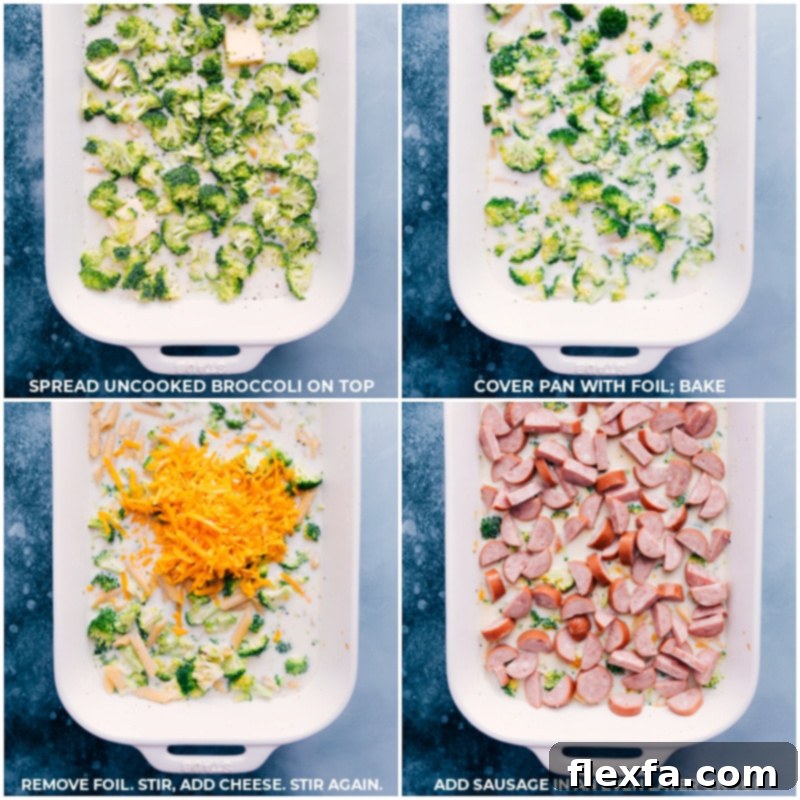 Process shots showing chopped broccoli, shredded cheese, and sliced smoked sausage being added to the baking dish and mixed with the pasta and sauce.