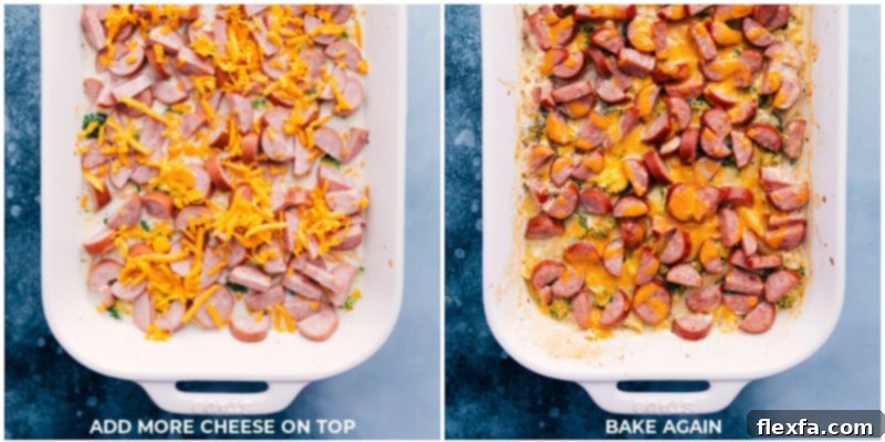 Process shots showing a final layer of shredded cheese being added to the top of the Cheesy Sausage Pasta before it goes back into the oven.