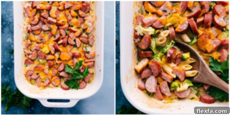 Close-up images of the bubbling hot, golden brown Cheesy Sausage Pasta, fresh from the oven, garnished with fresh parsley.