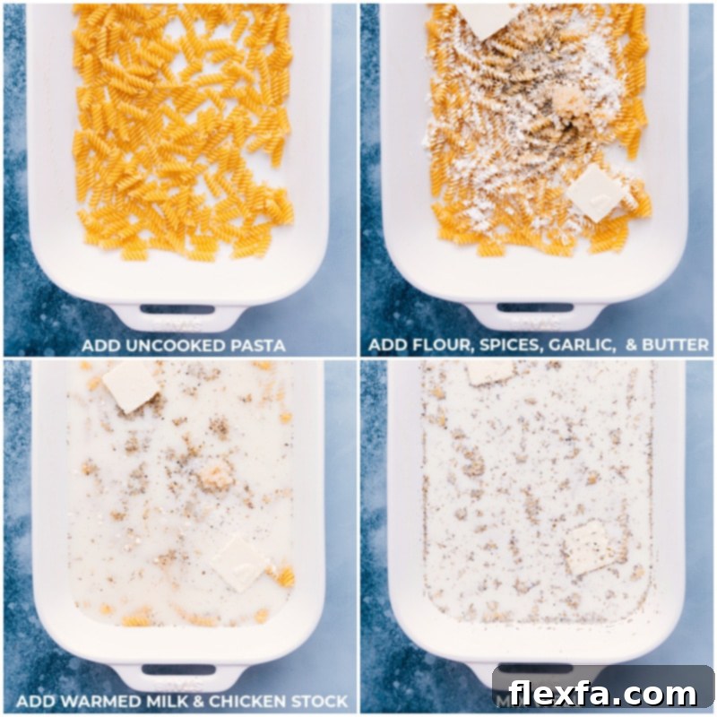 This is our favorite Tuscan Chicken Pasta -- it's loaded with flavor and made all in ONE pan! Recipe via ChelseasMessyApron #dinner #quick #easy #simple #best #spinach #tomatoes #tuscan #chicken #pasta Process shots showing various ingredients like rotini pasta, flour, Italian seasoning, garlic powder, butter, milk, and chicken stock being layered into a 9x13-inch baking pan, ready for the chicken.
