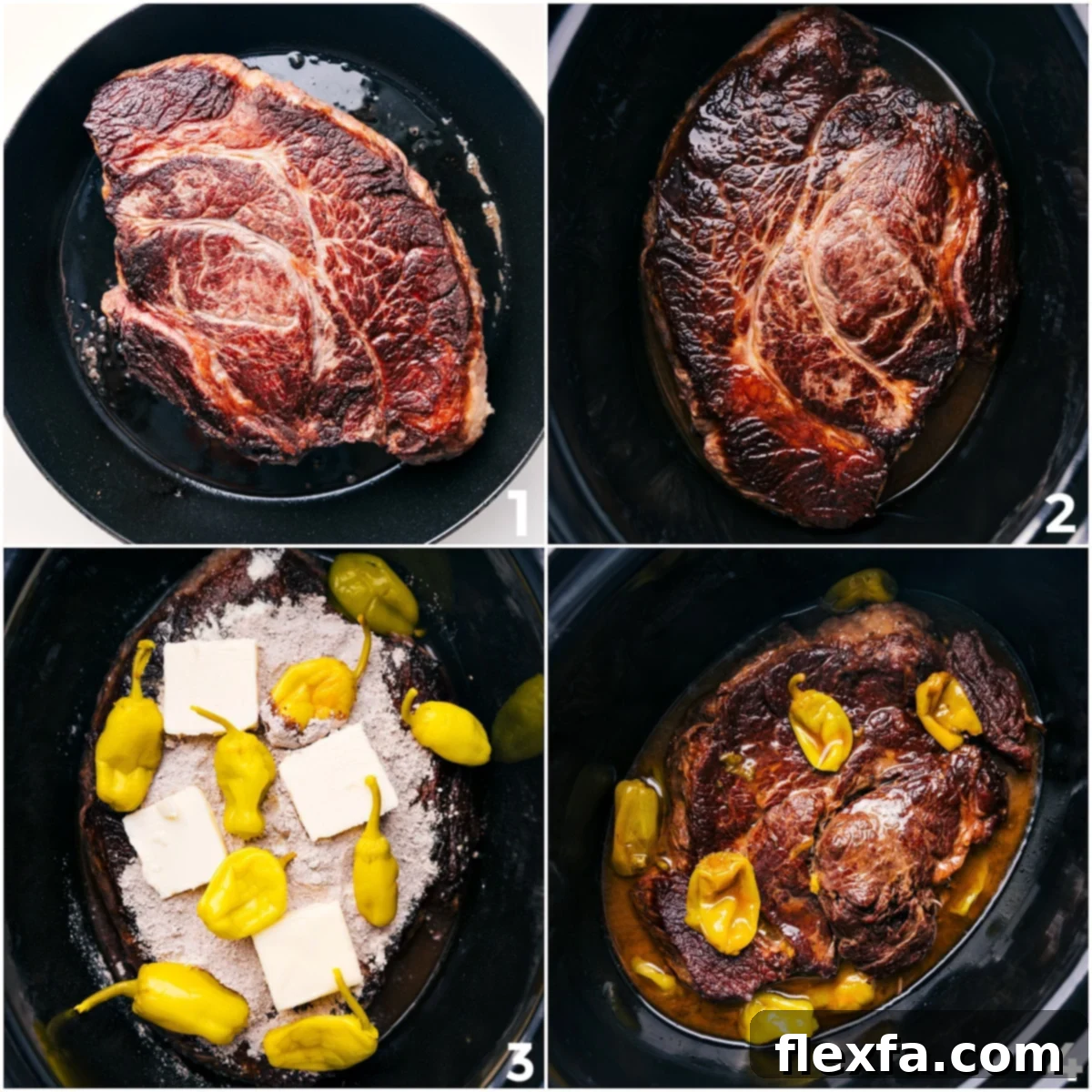 Step-by-step assembly: The seared chuck roast is added to the crockpot, then topped with butter, ranch and au jus seasoning mixes, and pepperoncini for this easy Crockpot Mississippi Pot Roast.
