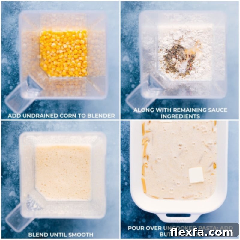 Process shots showing ingredients being added to a blender for the creamy corn sauce, followed by the blended sauce being poured over uncooked pasta in a baking dish, ready for the oven.