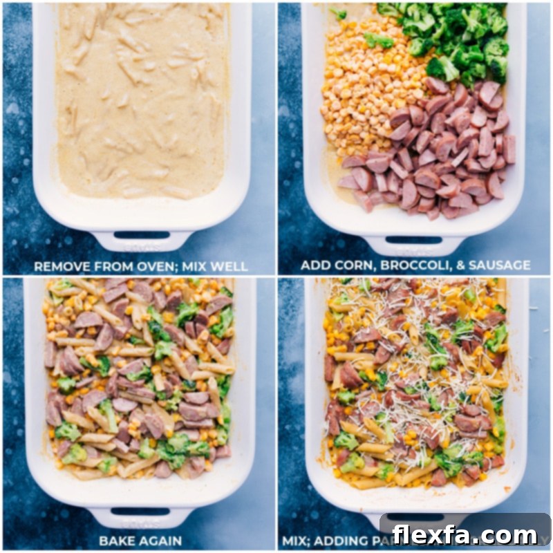 Process shots showing the pasta bake being mixed with frozen corn, broccoli, and chicken sausage, then baked again, and finally garnished with freshly grated Parmesan cheese and herbs.