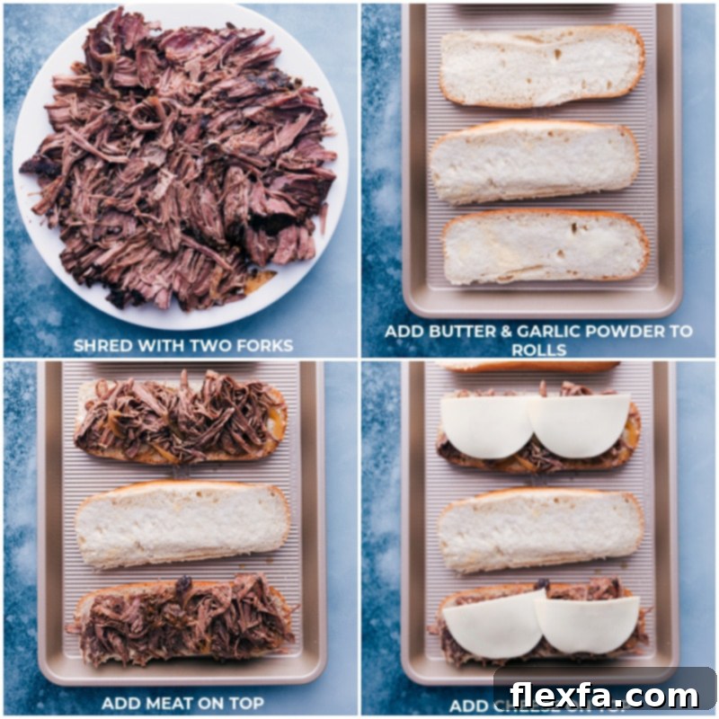 Our favorite French Dip Sandwich is loaded with fall-apart tender beef topped with melty cheese in a toasted garlic-seasoned hoagie roll. The slow cooker does the work to get the meat ultra tender and the sandwiches come together quickly & easily! Dip the sandwiches in the juices leftover in the slow cooker -- no extra work required! Recipe via ChelseasMessyApron #dinner #quick #easy #simple #best #aujusu #lunch #favorite #familyfriendly #frenchdip #sandwich Process shots of French Dip Sandwiches-- images of the meat being added to the bread and cheese being added on top