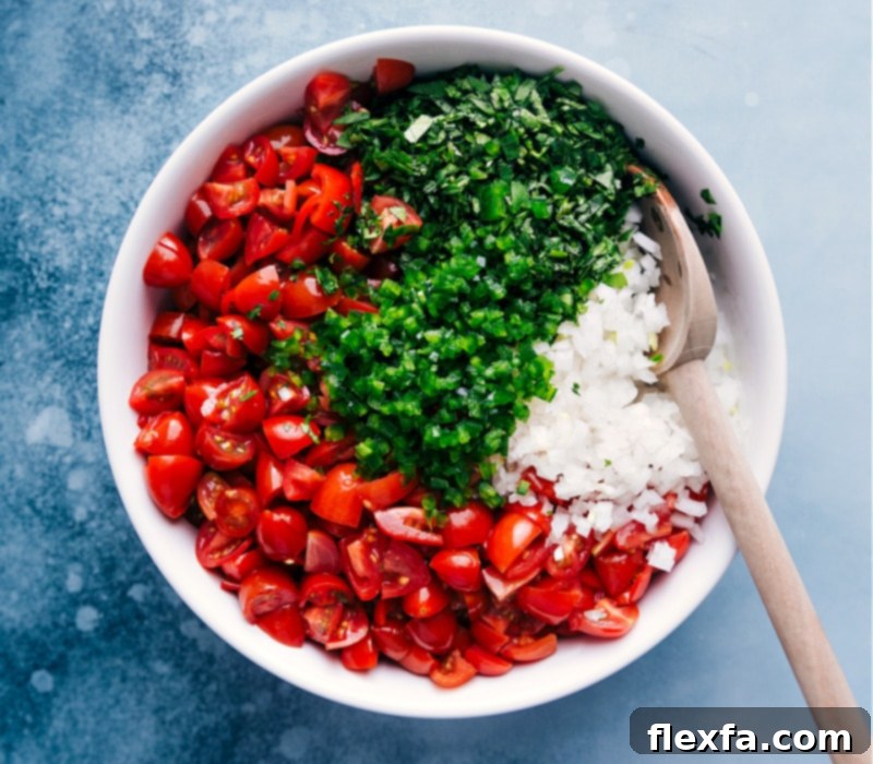 Process shots showing individual ingredients such as bright red diced tomatoes, crisp white onions, and green cilantro being added sequentially to a large mixing bowl.