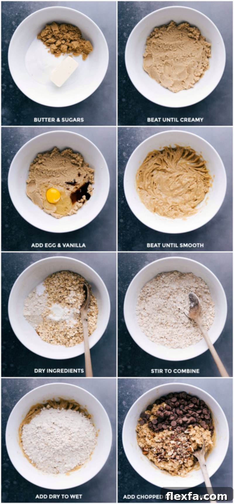 Cookie Dough Preparation - Mixing Ingredients and Adding Pecans and Chocolate Step-by-step preparation of cookie dough: beating butter and sugars until creamy, adding egg and vanilla and mixing again, combining dry ingredients with wet ingredients, and finally folding in chopped nuts and chocolate chips.