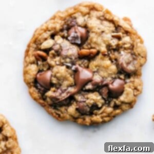 Chewy Pecan Oatmeal Cookies 2 A freshly baked oatmeal pecan cookie with melted chocolate chips and a sprinkle of sea salt. This image highlights the perfect texture and delicious appeal of the cookies.