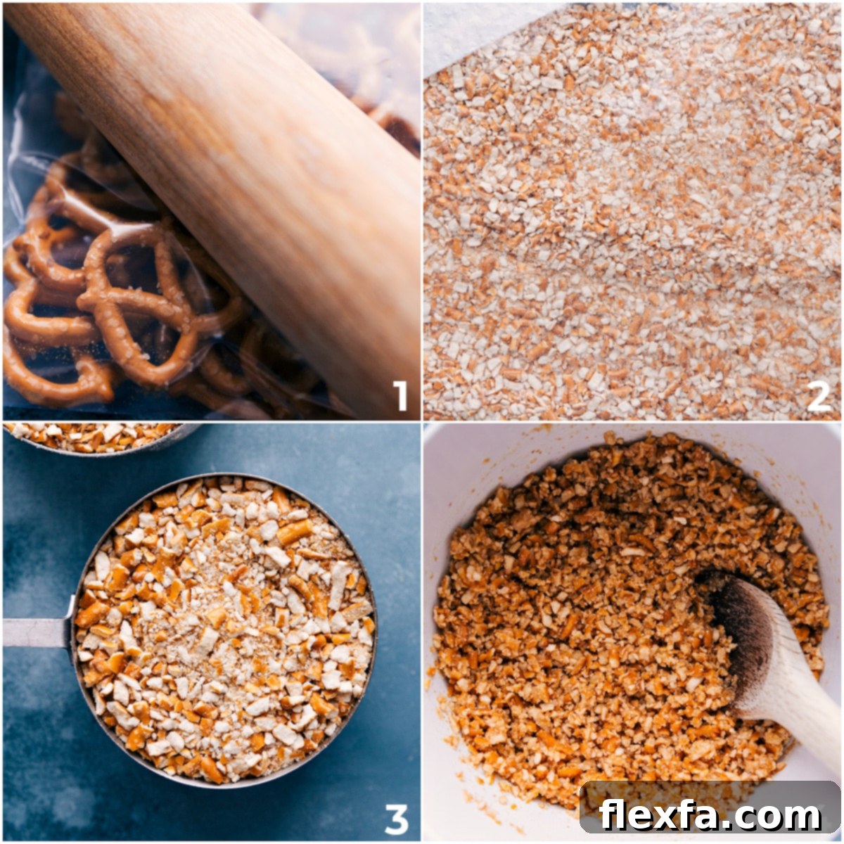 Crushing pretzels and mixing them with melted butter and sugar in a bowl to form the crust for Strawberry Pretzel Salad.