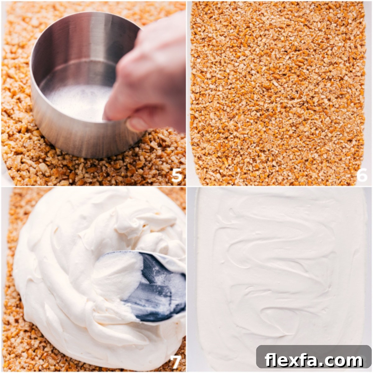 Spreading the whipped cream cheese layer evenly over the cooled pretzel crust in a baking pan.