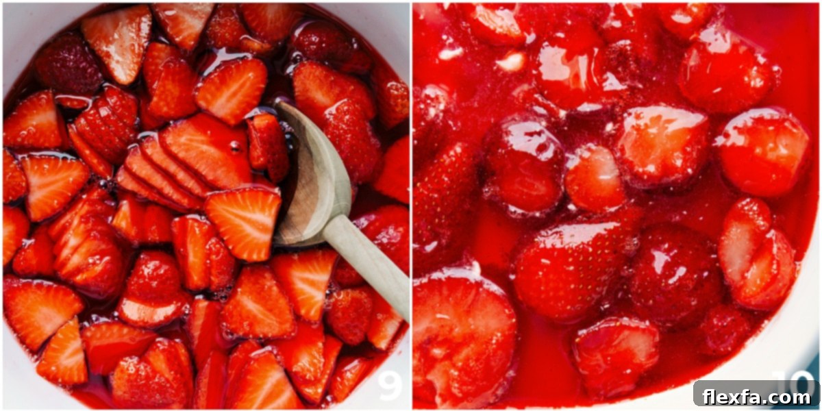 Fresh sliced strawberries being added to the prepared Jell-O mixture, which is then carefully layered over the whipped cream cheese layer in the Strawberry Pretzel Salad.