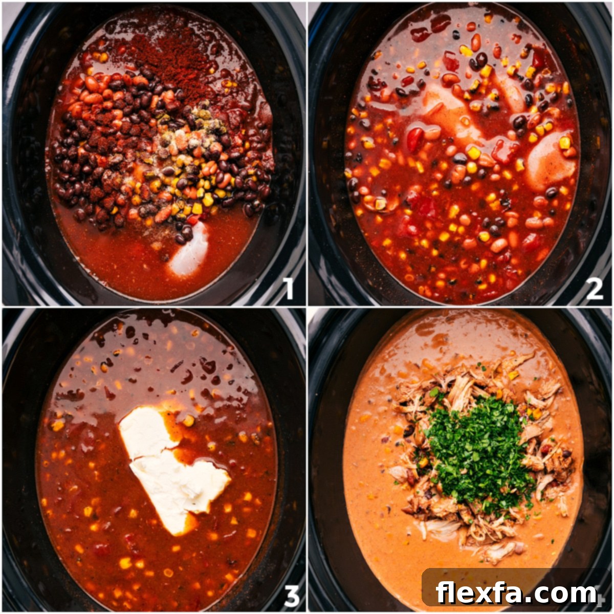 Add all the ingredients to the crockpot and cook them together. Once the cooking is done, remove the chicken to shred it, then add it back in with cream cheese and fresh cilantro for this chicken chili, ready to be served.