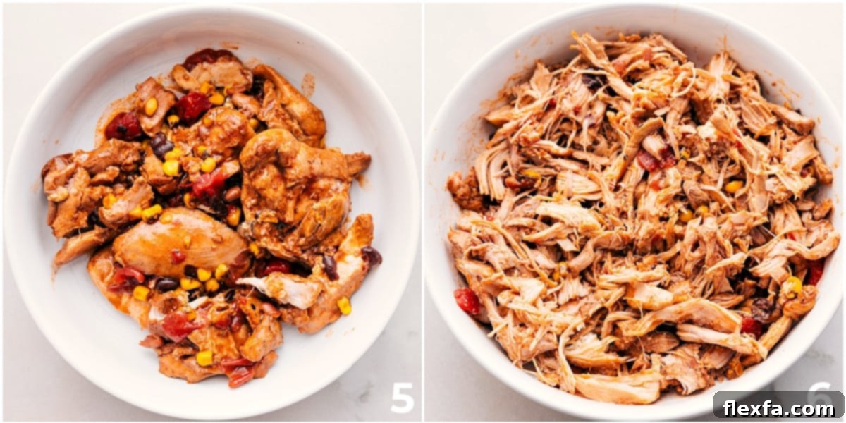 Shred the tender, slow-cooked chicken and add it back into the crockpot for a rich and creamy chicken chili.