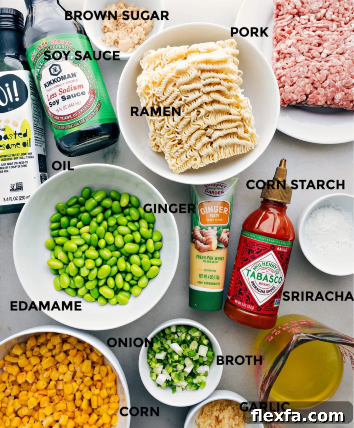 All the ingredients including brown sugar, pork, noodles, ginger, cornstarch, edamame, onion, broth, corn, and garlic all prepped out for easy assembly for Pork Ramen Stir Fry.
