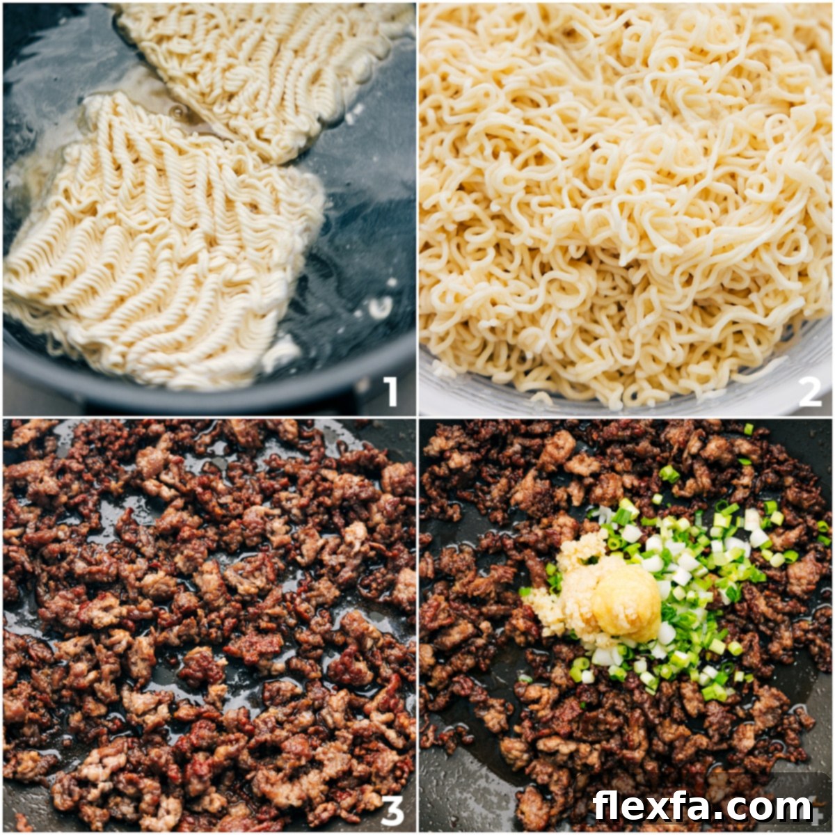 The noodles being boiled and the pork being browned and cooked through, then fresh ginger, garlic, and green onions being added to the pan for Pork Ramen Stir Fry.