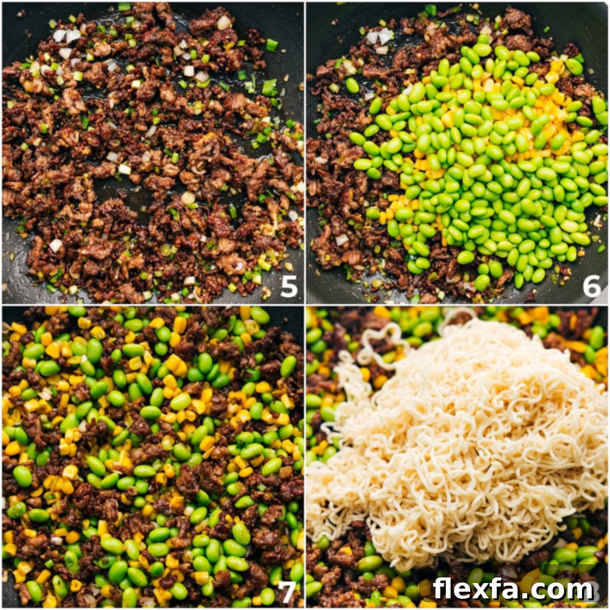 Edamame and corn being added and warmed through with the pork, then the cooked ramen noodles being added in with the meat for this Pork Ramen Stir Fry Recipe.