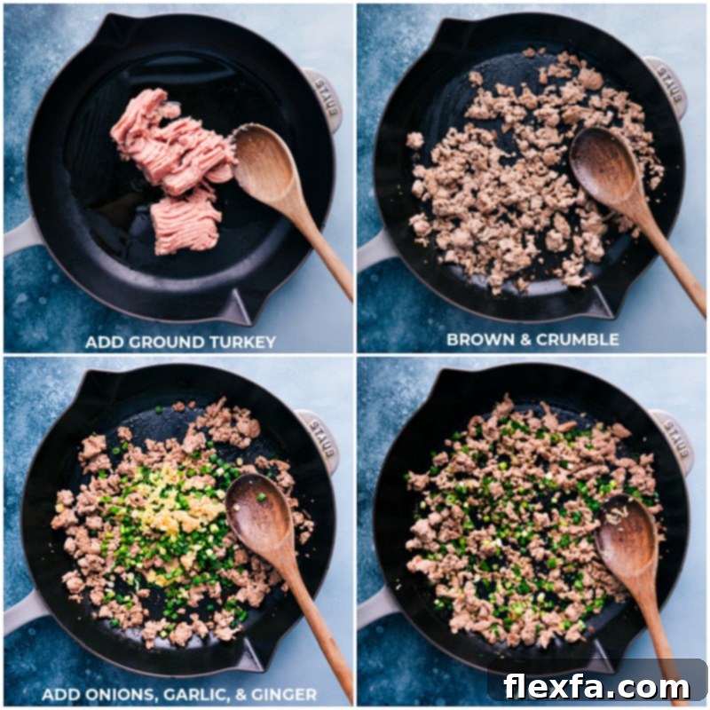 Process shots of Udon Stir Fry, showing ground turkey browning, and onions, garlic, and ginger being added to the pan.