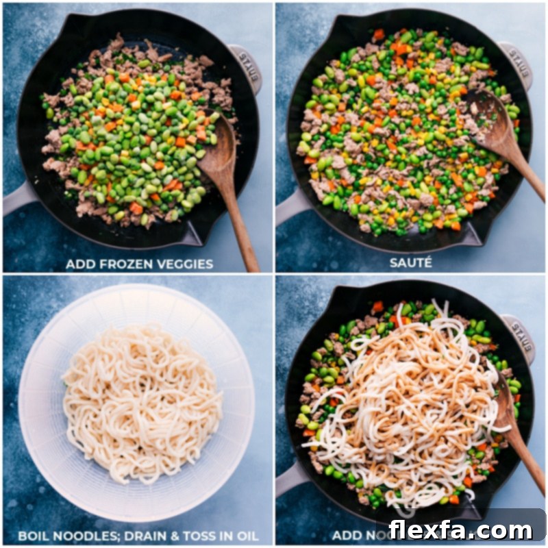 Process shots of Udon Stir Fry, showing frozen veggies being added, then the noodles and sauce, all being combined in a pan.