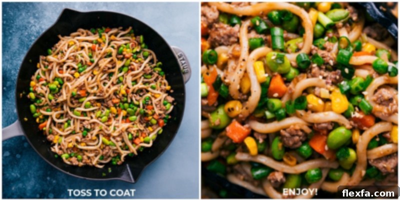 Finishing shots of the Udon Stir Fry being tossed together in a pan, coated in sauce.