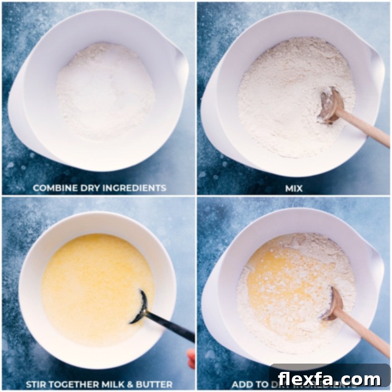 Process shots showing wet and dry ingredients being mixed for Utah Scones dough