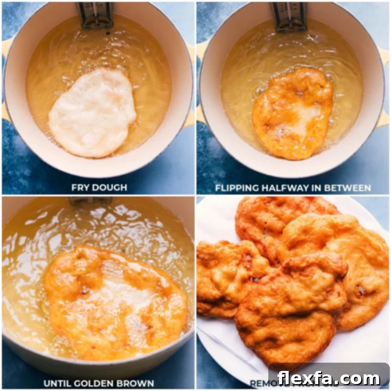Process shots showing the Utah Scone dough being fried to golden perfection
