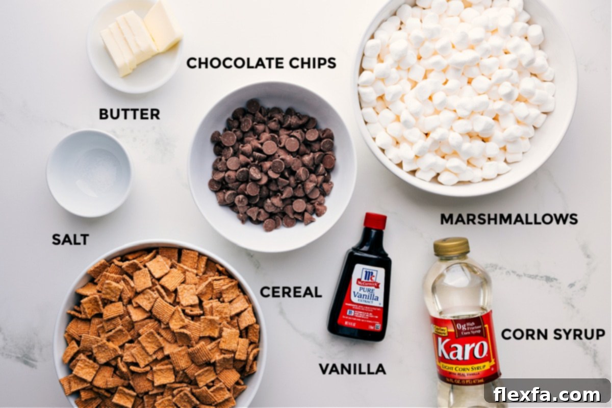 Key Ingredients for Delicious S'mores Cereal Bars All the essential ingredients for S'mores Cereal Bars carefully prepped and arranged, including unsalted butter, milk chocolate chips, miniature marshmallows, light corn syrup, vanilla extract, graham cereal, and a pinch of salt.