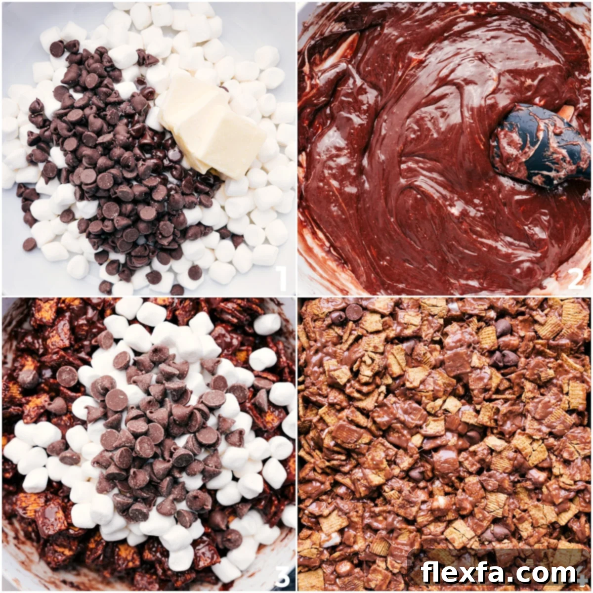 How To Make S'mores Cereal Bars: A Visual Recipe Guide Step-by-step visual guide for S'mores Cereal Bars: 1) Melt marshmallows, chocolate, and butter together, 2) Mix in the graham cereal, extra chocolate chips, and marshmallows, 3) Spread the mixture evenly into a pan to set.