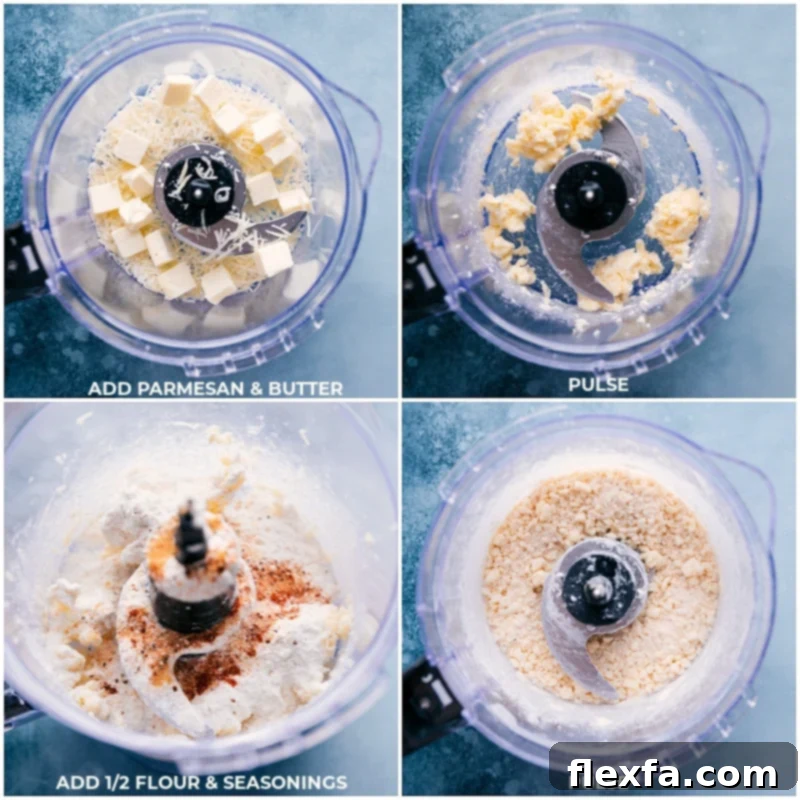 Process shots of ingredients: Parmesan, butter, flour, and seasonings being added and pulsed together in a food processor.